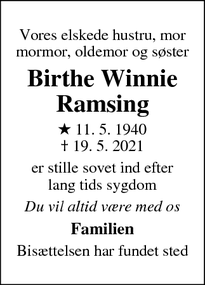 Dødsannoncen for Birthe Winnie
Ramsing - allerød