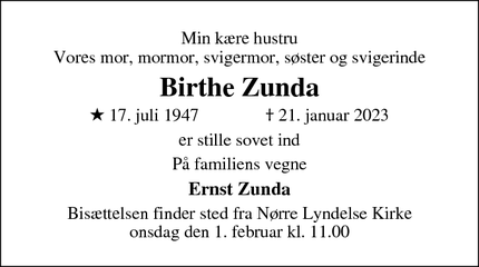 Dødsannoncen for Birthe Zunda - Odense