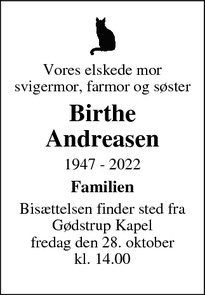 Dødsannoncen for Birthe
Andreasen - Lemvig