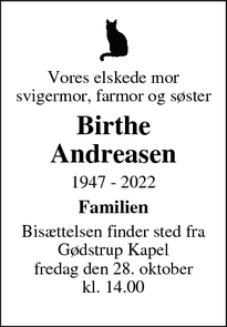 Dødsannoncen for Birthe
Andreasen - Lemvig