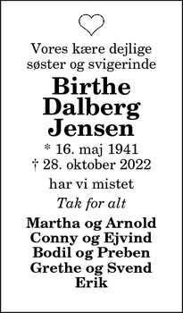 Dødsannoncen for Birthe
Dalberg
Jensen - Frederikshavn
