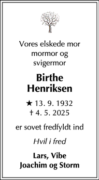 Dødsannoncen for Birthe
Henriksen - Solrød