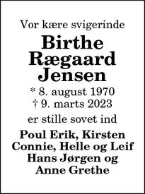 Dødsannoncen for Birthe
Rægaard Jensen - Vesløs