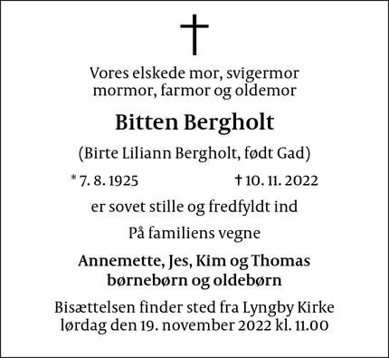 Dødsannoncen for Bitten Bergholt - HØRSHOLM