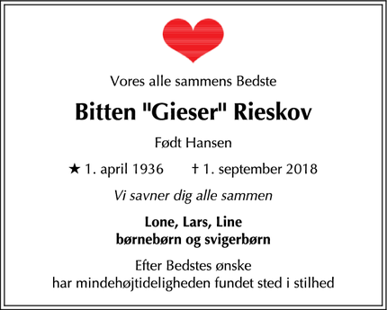 Dødsannoncen for Bitten "Gieser" Rieskov - Vanløse