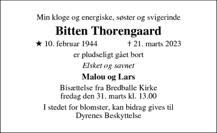 Dødsannoncen for Bitten Thorengaard - Ebeltoft