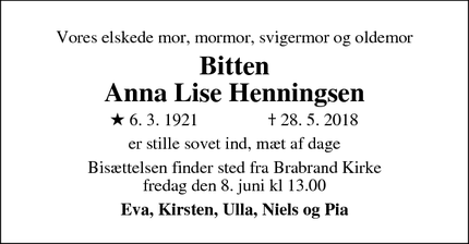 Dødsannoncen for Bitten
Anna Lise Henningsen - Brabrand