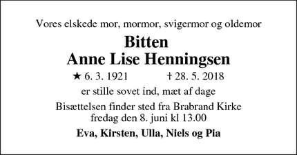 Dødsannoncen for Bitten
Anna Lise Henningsen - Brabrand