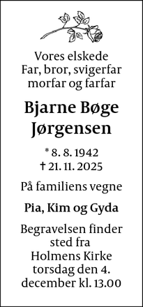 Dødsannoncen for Bjarne B&oslash;ge J&oslash;rgensen - København K