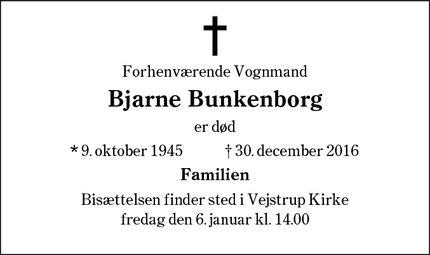 Dødsannoncen for Bjarne Bunkenborg - Sjølund, Danmark