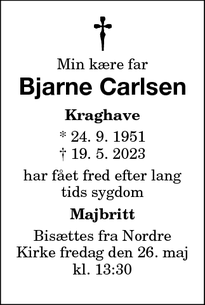 Dødsannoncen for Bjarne Carlsen - Nykøbing Falster
