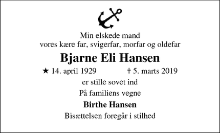 Dødsannoncen for Bjarne Eli Hansen - Helsingør