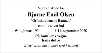 Dødsannoncen for Bjarne Emil Olsen - Helsinge