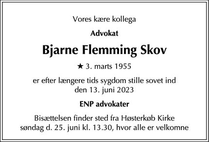 Dødsannoncen for Bjarne Flemming Skov - Hørsholm