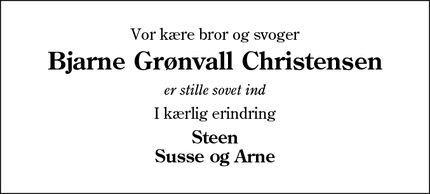Dødsannoncen for Bjarne Grønvall Christensen - Sønderborg