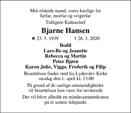 Dødsannoncen for Bjarne Hansen - Store - Heddinge