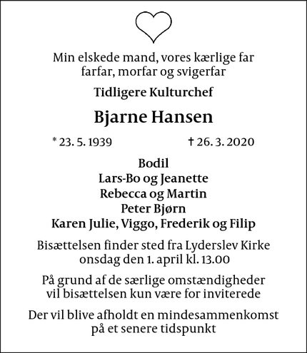 Dødsannoncen for Bjarne Hansen - Stor-Heddinge 