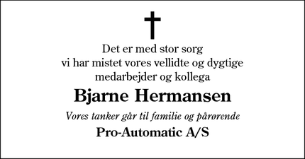 Dødsannoncen for Bjarne Hermansen - Holsted