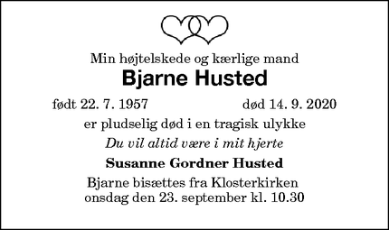 Dødsannoncen for Bjarne Husted - Nykøbing F 