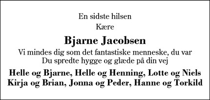 Dødsannoncen for Bjarne Jacobsen - Haderup