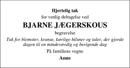 Dødsannoncen for BJARNE J&AElig;GERSKOUS  - Kirke Saaby