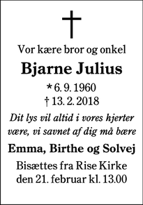 Dødsannoncen for Bjarne Julius - Rødekro