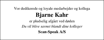 Dødsannoncen for Bjarne Kahr - Videbæk