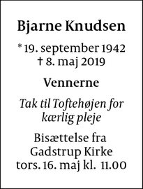 Dødsannoncen for Bjarne Knudsen - Viby Sjælland