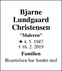 Dødsannoncen for Bjarne Lundgaard Christensen - Fårevejle
