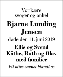 Dødsannoncen for Bjarne Lunding
Jensen - Aulum