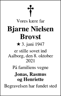 Dødsannoncen for Bjarne Nielsen Brovst - Odder