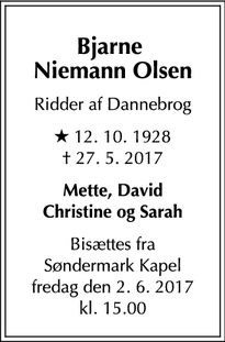 Dødsannoncen for Bjarne Niemann Olsen - Frederiksberg, Danmark