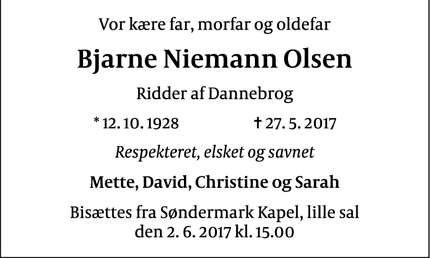 Dødsannoncen for Bjarne Niemann Olsen - Frederiksberg, Danmark