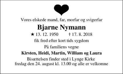 Dødsannoncen for Bjarne Nymann - Lynge