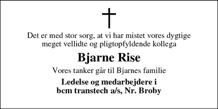 Dødsannoncen for Bjarne Rise - Broby