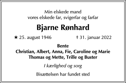Dødsannoncen for Bjarne Rønhard - 2880 Bagsværd