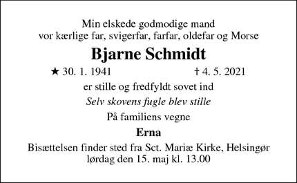 Dødsannoncen for Bjarne Schmidt - Helsingør 