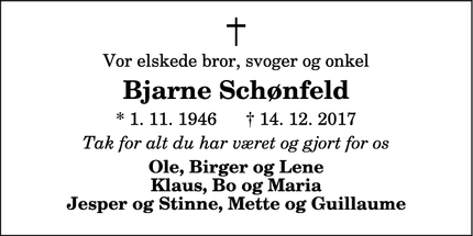 Dødsannoncen for Bjarne Schønfeld - Aalborg