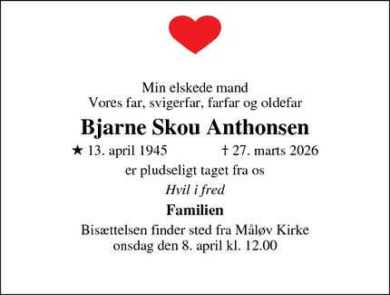 Dødsannoncen for Bjarne Skou Anthonsen - MÅLØV