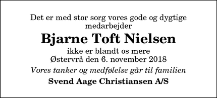 Dødsannoncen for Bjarne Toft Nielsen - Øster Brønderslev