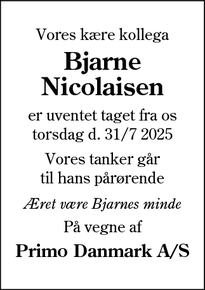 Dødsannoncen for Bjarne
Nicolaisen - Jernbanegade 11, 6862 Tistrup