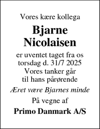Dødsannoncen for Bjarne
Nicolaisen - Jernbanegade 11, 6862 Tistrup