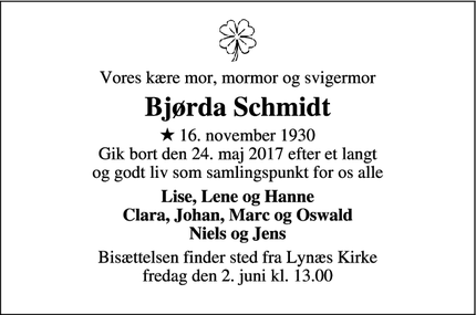 Dødsannoncen for Bjørda Schmidt - Hundested
