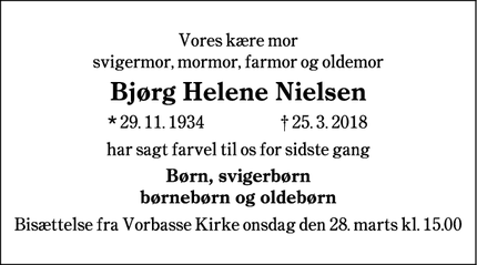 Dødsannoncen for Bjørg Helene Nielsen - Vorbasse
