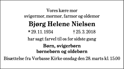 Dødsannoncen for Bjørg Helene Nielsen - Vorbasse