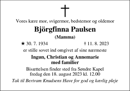 Dødsannoncen for Björgfinna Paulsen - Kolding