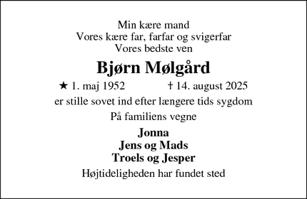 Dødsannoncen for Bjørn Mølgård - Viborg