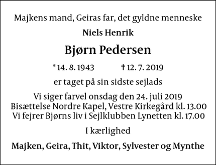 Dødsannoncen for Bjørn Pedersen - København
