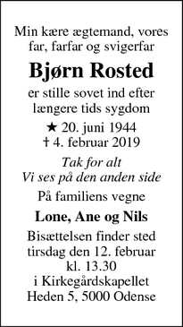 Dødsannoncen for Bjørn Rosted - Odense