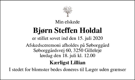 Dødsannoncen for Bjørn Steffen Holdal - Gilleleje